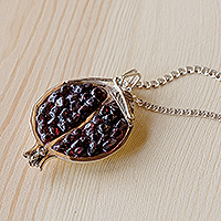Granite pendant necklace, 'Sign of Passion' - Granite and Sterling Silver Pomegranate Pendant Necklace