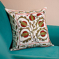 Embroidered cotton suzani pillow sham, 'Passion Forest' - Green and Red Embroidered Cotton and Viscose Pillow Sham