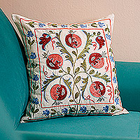 Embroidered suzani pillow sham, 'Bewitched Forest' - Green, Red and Blue Embroidered Cotton Pillow Sham