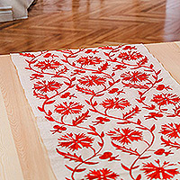 Embroidered cotton and viscose table runner, 'Crimson Dinner' - Floral Embroidered Red Cotton and Viscose Table Runner