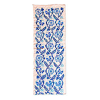 Embroidered cotton and viscose table runner, 'Heaven Dinner' - Floral Embroidered Blue Cotton and Viscose Table Runner