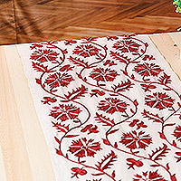 Embroidered cotton and viscose table runner, 'Romantic Treat' - Traditional Embroidered Red Cotton and Viscose Table Runner