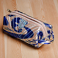 Ikat cosmetic bag, 'Magical Blue' - Blue and White Ikat Cosmetic Bag with Handle & Brass Zipper