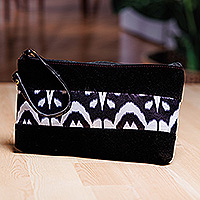 Ikat wristlet, 'Glam Flair' - Black and White Wristlet with Ikat Accent from Uzbekistan
