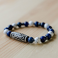 Multi-gemstone beaded stretch pendant bracelet, 'Blue Dzi' - Dzi-Inspired Multi-Gemstone Beaded Stretch Pendant Bracelet