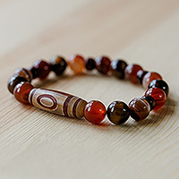 Multi-gemstone and wood beaded stretch pendant bracelet, 'One-Eyed Dzi' - 1-Eyed Dzi Multi-Gemstone Wood Bead Stretch Pendant Bracelet