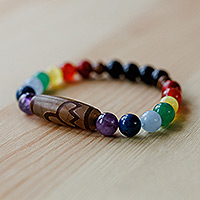 Multi-gemstone and wood beaded stretch pendant bracelet, 'Chakra Dzi' - Multi-Gemstone & Wood Beaded Dzi Chakra Stretch Bracelet