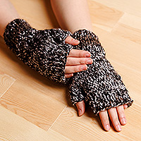 Wool fingerless mittens, 'Tender Winter' - Handcrafted Black, Brown and White Wool Fingerless Mittens