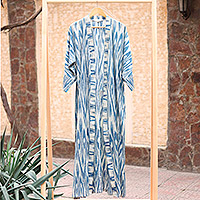 Ikat cotton robe, 'Samarkand Splendor' - Handwoven 100% Cotton Robe with Blue and White Ikat Patterns