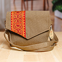 Tarp shoulder bag, 'The Glorious Day' - Folk Art Adjustable Red and Artichoke Tarp Shoulder Bag