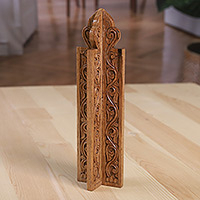 Wood home accent, 'Minaret's Essence' - Hand-Carved Leafy Minaret-Shaped Walnut Wood Home Accent