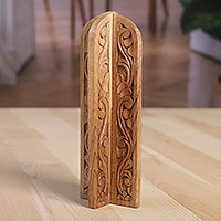 Wood home accent, 'Minaret's Spirit' - Handcrafted Leafy Minaret-Shaped Walnut Wood Home Accent