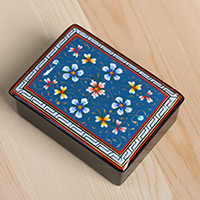 Papier mache jewelry box, 'Blooming Lagoon' - Lacquered Painted Floral Teal Papier Mache Jewelry Box
