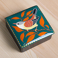 Papier mache keepsake box, 'Birdsong in Teal' - Nature-Themed Painted Bird Papier Mache Jewelry Box in Teal