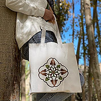 Cotton tote bag, 'Khosrov Forest' - Hand-Painted Leaf and Tree Cotton Tote Bag from Armenia