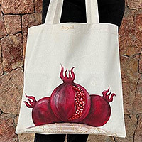 Cotton tote bag, 'Red Nur' - Pomegranate-Inspired Hand-Painted Red Cotton Tote Bag