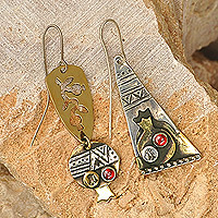 Carnelian dangle earrings, 'Nur Symbols' - Geometric and Pomegranate-Themed Carnelian Dangle Earrings