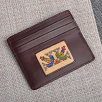 Leather card holder, 'Handy Prosperity' - Brown Leather Card Holder with Traditional Textile