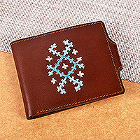 Embroidered leather wallet, 'Marash Finesse' - Brown Leather Wallet with Blue Armenian Hand Embroidery
