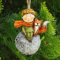Papier mache ornament, 'The Dreamy Prince' - Hand-Painted Papier Mache Ornament of Boy and Fox