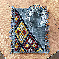 Hand-embroidered cotton coasters, 'Embellished Grey' (pair) - 2 Grey Cotton Coasters with Hand-Embroidered Geometric Motif