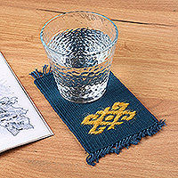 Hand-embroidered cotton coasters, 'Traditions in Blue' (pair) - 2 Handwoven Blue Cotton Coasters with Hand-Embroidered Motif