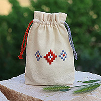Embroidered cotton pouch, 'Indigo and Spice' - Embroidered cotton gift pouch from Armenia