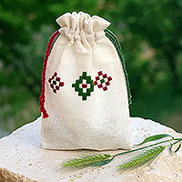 Cotton pouches, 'Merlot Fields' (pair) - Set of 2 Embroidered Cotton Pouches from Armenia