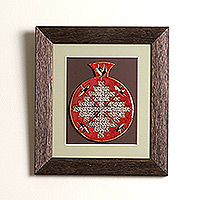 Ceramic and wood wall art, 'Good Energies' - Handmade Geometric Red Ceramic Pomegranate Wall Art
