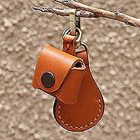 Leather earbud holder and key fob set, 'Melody in Brown' - 100% Brown Leather Earbud Holder and Keychain Set