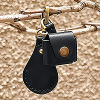 Leather earbud holder and keychain set, 'Lucky Melody in Black' - 100% Black Leather Earbud Holder and Keychain Set