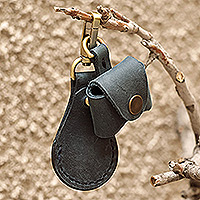Leather earbud holder and key fob set, 'Personal Style in Blue' - 100% Blue Leather Earbud Holder and Keychain Set
