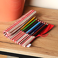Wooden colored pencils set and cotton case, 'Creative Crimson' - Wooden Colored Pencil Set and Red Cotton Roll Case