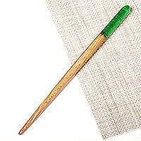 Natural fiber and resin hair pin, 'Lovingly Green' - Natural Fiber Hair Pin with Hand-Painted Green Resin Accent