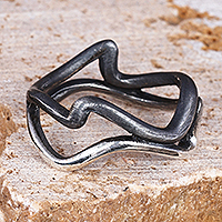 Sterling silver band ring, 'Daybreak and Nightfall' - Modern Silver Band Ring with Blackened and Polished Finishes