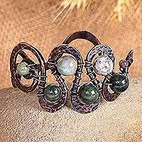 Jade cuff bracelet, 'Sevan's Vitality' - Antiqued-Finished Jade and Copper Cuff Bracelet