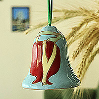 Glazed ceramic bell ornament, 'Lovely Pomegranate' - Handmade Glazed Ceramic Bell Ornament with Pomegranate Motif