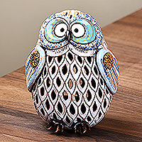 Ceramic tealight holder, 'Light Owl' - Handcrafted Painted Blue Owl-Shaped Ceramic Tealight Holder