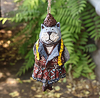 Papier mache ornament, 'Lady Cat' - Whimsical Hand-Painted Papier Mache Cat Ornament