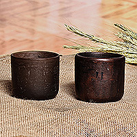 Terracotta decorative flower pots, 'Nature Marks' (pair) - Pair of Handcrafted Brown Terracotta Decorative Flower Pots
