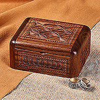 Wood jewelry box, 'Armenian Heirlooms' - Hand-Carved Polished Wood Jewelry Box with Armenian Motifs