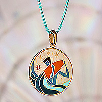 Gold-plated enamel pendant necklace, 'The Aquarius Emblem' - Painted 18k Gold-Plated Aquarius Enamel Pendant Necklace