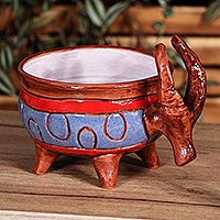 Ceramic decorative bowl, 'Serene Horns' - Painted Bull-Themed Brown and Blue Ceramic Decorative Bowl