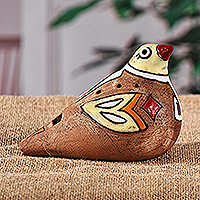 Ceramic ocarina, 'Kingdom's Shvi Bird' - Hand-Painted Bird-Shaped Ceramic Ocarina in Warm Hues