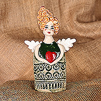 Ceramic sculpture, 'Angel with Heart' - Handmade & Painted Glazed Angel and Heart Ceramic Sculpture