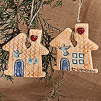 Ceramic ornaments, 'Christmas Homecoming' (pair) - Pair of Hand-Painted House-Shaped Glazed Ceramic Ornaments