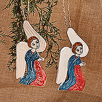 Ceramic ornaments, 'Praying Angels' (pair) - Pair of Angel-Themed Hand-Painted Glazed Ceramic Ornaments