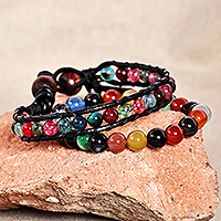 Leather and agate beaded bracelets, 'Harmonious Energies' (set of 2) - Black Leather and Natural Agate Bracelets (Set of 2)