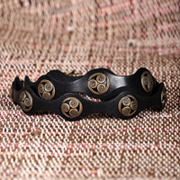 Leather belt, 'Enigmatic Spirits' - Black Leather Belt with Antiqued Finished Metal Accents