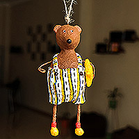 Papier mache ornament, 'Mister Bear' - Hand-Painted Star-Themed Papier Mache Bear Ornament